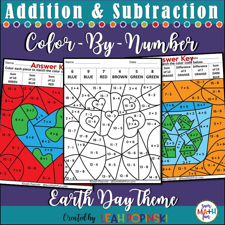 Earth Day Worksheets Addition Subtraction Facts Color By Number Sum Math Fun