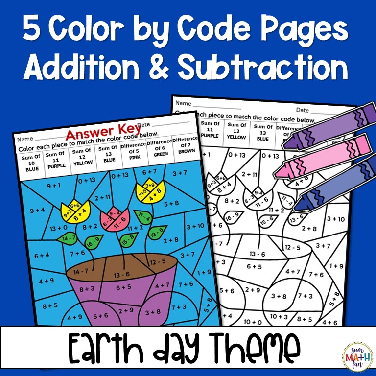 earth-day-worksheets-addition-subtraction-facts-color-by-number-sum-math-fun