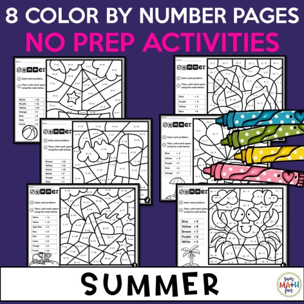 Summer - Addition and Subtraction Worksheets - Color by Number - Sum